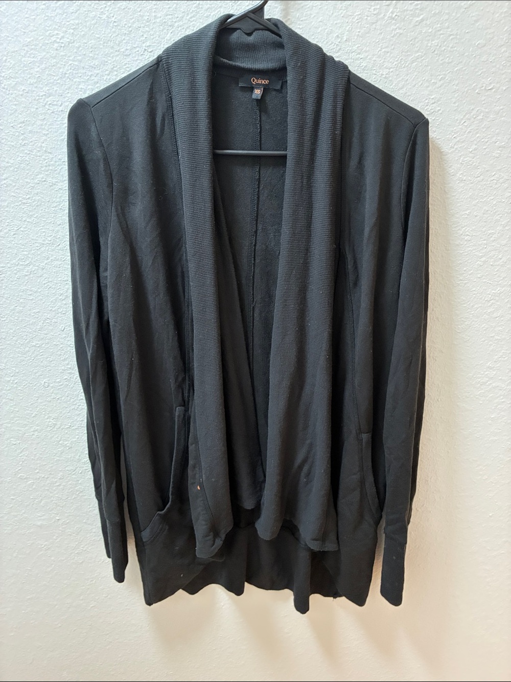 Quince Black Open-Front Draped Cardigan with Shawl Collar
